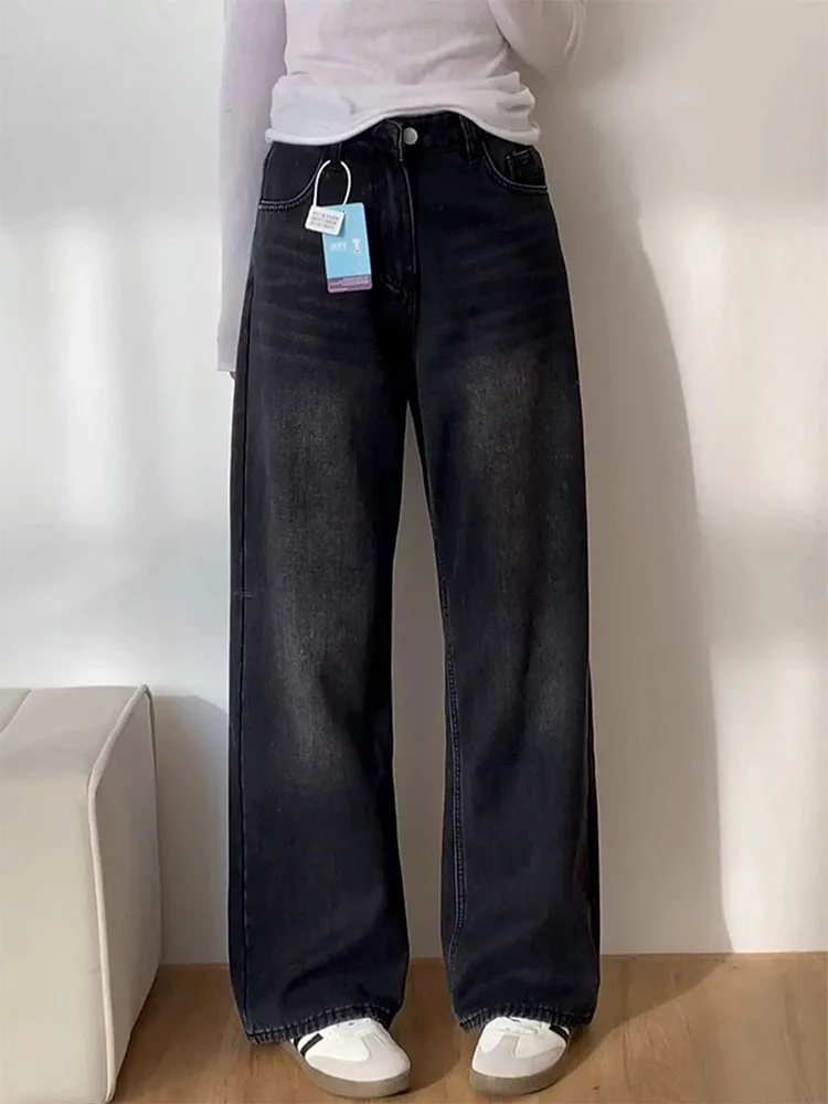 ارتفاع الخصر بلا الجينز النساء فضفاض بنطال ذو قصة أرجل واسعة مستقيم قطع عادية Sle الخريف جديد حجم كبير طول الأرض بنطلون #1