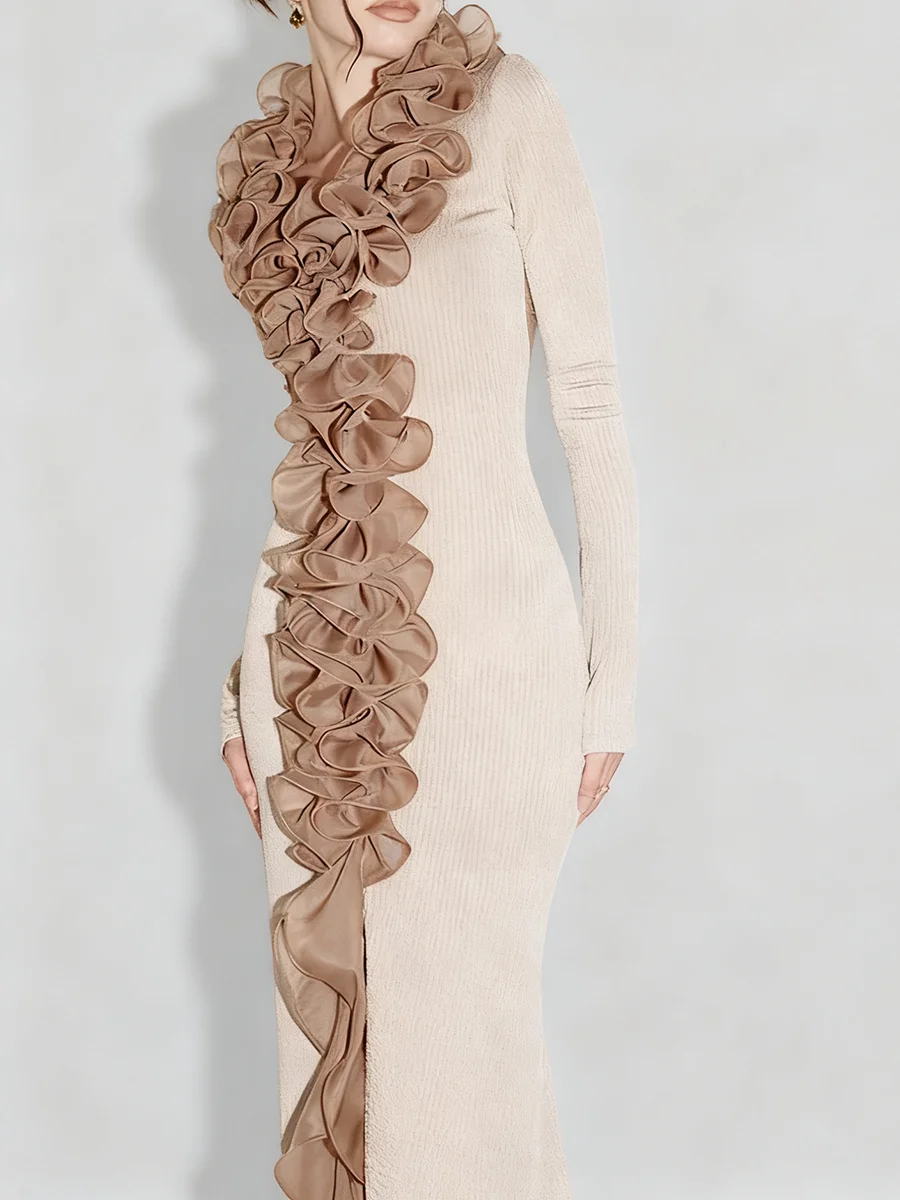 TWOTWINSTYLE ضرب اللون التخسيس تقسم الفطريات طيات فساتين الموضة للنساء الخامس الرقبة طويلة الأكمام فستان أنيق الملابس النسائية