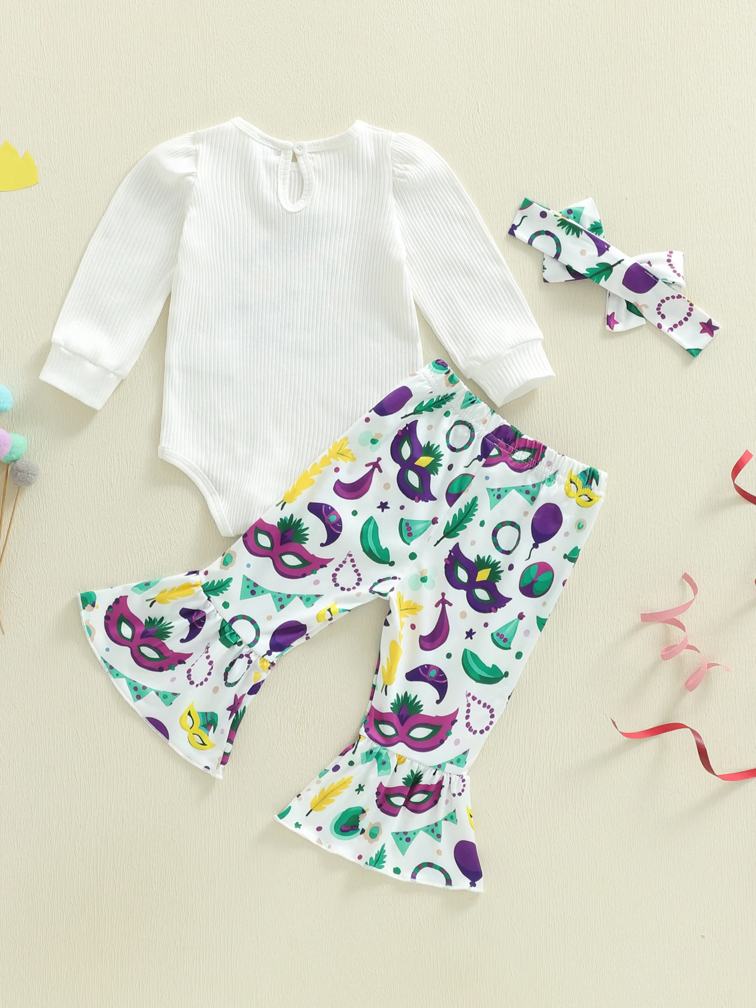 

Baby Girls Mardi Gras Pants Sets Long Sleeve O Neck Romper Flared Pants Headband Sets