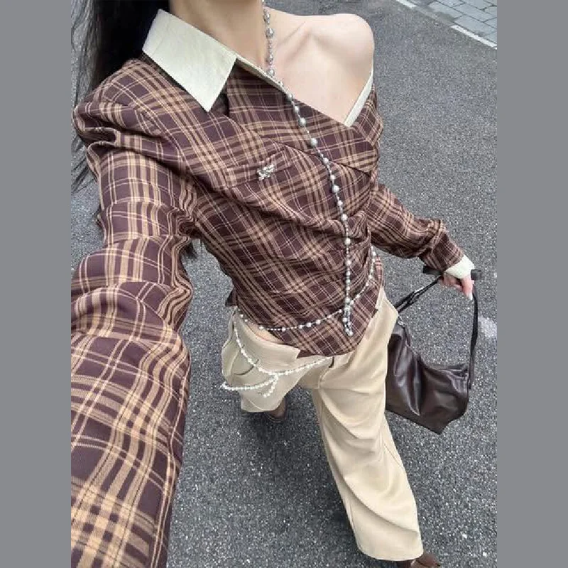 

Women's Fashion Plaid Pattern Off Shoulder T-shirt Chic Irregular Long Sleeve Pleated Lapel Top Y2k High Street Commute Clothes