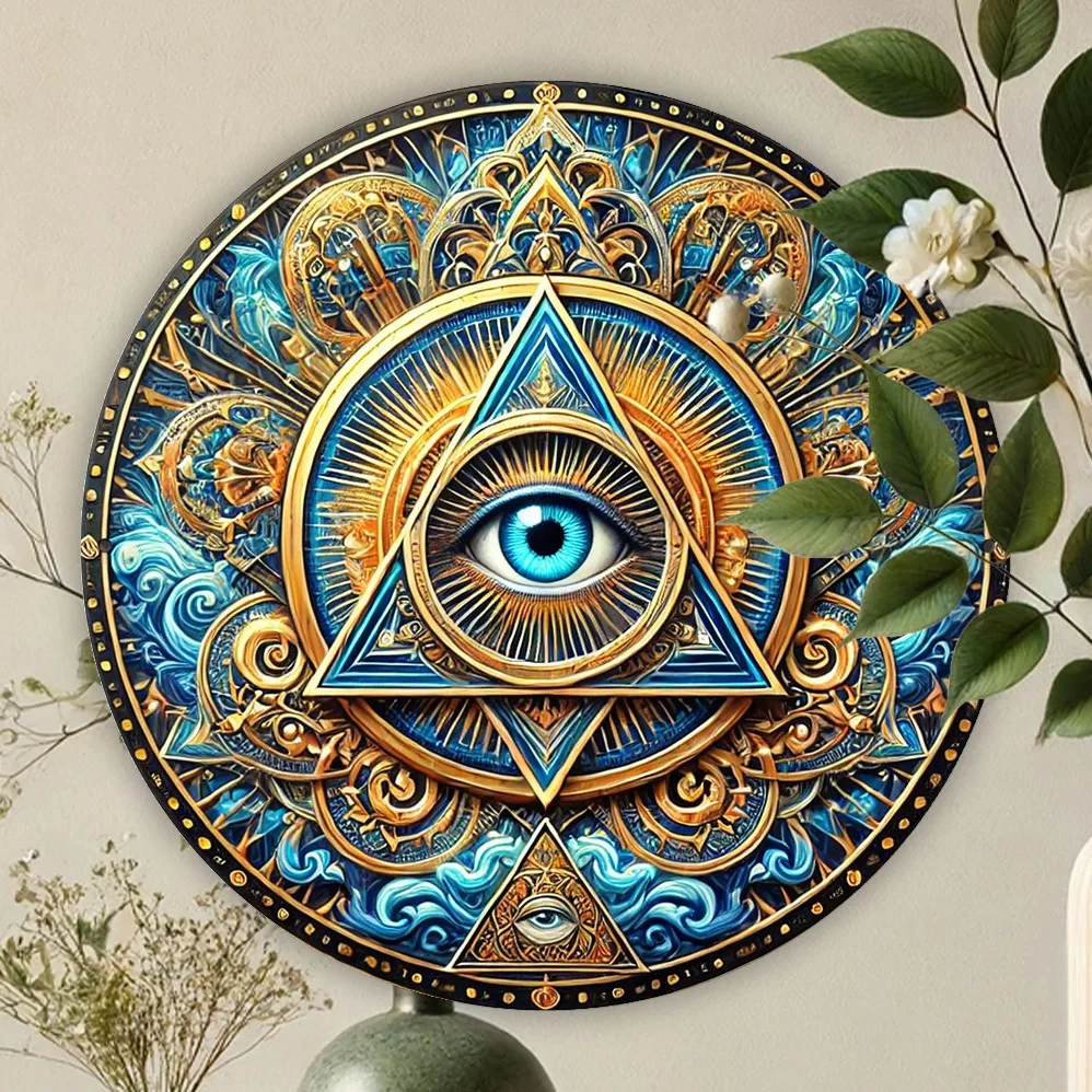 جدارية عين بروفيدنس الغامضة - فن جداري دائري من الألومنيوم مع قطعة مركزية لإكليل مزخرفة