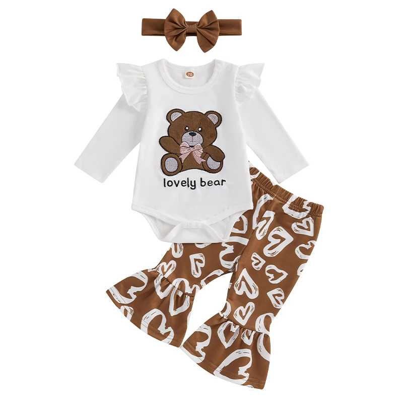 Pudcoco Baby Girl Fall Outfit Bear Embroidery Long Sleeve Romper with Heart Pattern Flare Pants and Headband 3 Pcs Set 0-24M