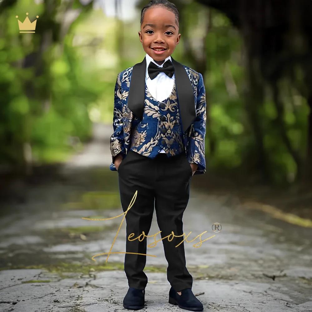 Boys Fashion Royal Blue Gold Flower Dress Suit Set 3 Piece Set (Jacket Vest and Trousers) Kids Wedding Dinner Party Tuxedo