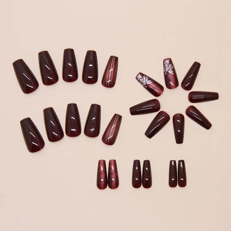 

24Pcs Coffin Press-on Nails: Mysterious Maroon with Smoky Floral Strokes - Edgy & Sweet Style Coverage Nail Art Kit