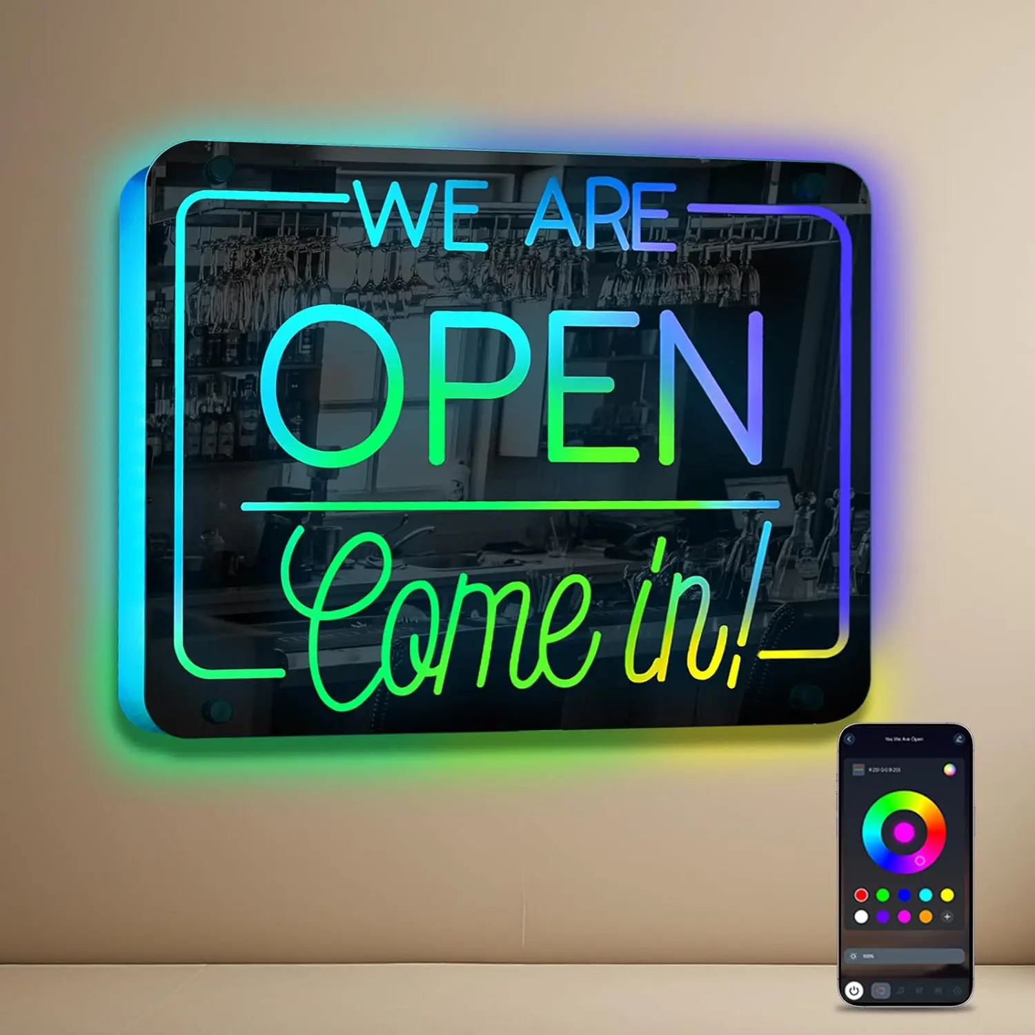 

RGB Open Neon Sign Mirrored Come In We Are Open Colorful LED Lights Sign for Bar Shop Coffee Salon Store