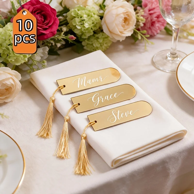 10 Stück leere goldene Acryl-Platzkarten mit gelben Quasten, beschreibbare Namensschilder für Hochzeit, Bankett, Geburtstagsfeier, Geschenk-Etiketten-Deko