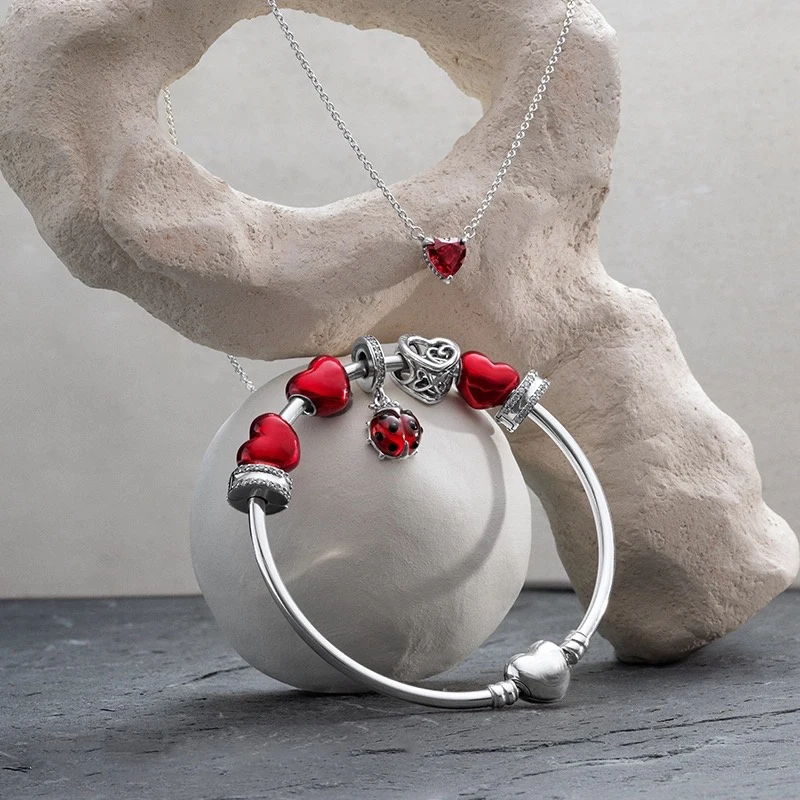 رائجة البيع الأوروبيين DIY بها بنفسك صنع سلسلة القلب المعدني الملون خرز تميمة صالح الأصلي الفضة 925 سوار المرأة مجوهرات هدية
