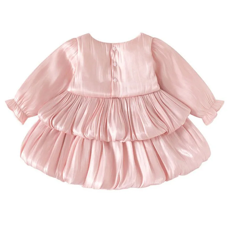 Spring Autumn Baby Girl Dress Korean Fashion Cute Bow Luxury Mesh Long Sleeve Pink Princess Toddler First Birthday Dresses B254