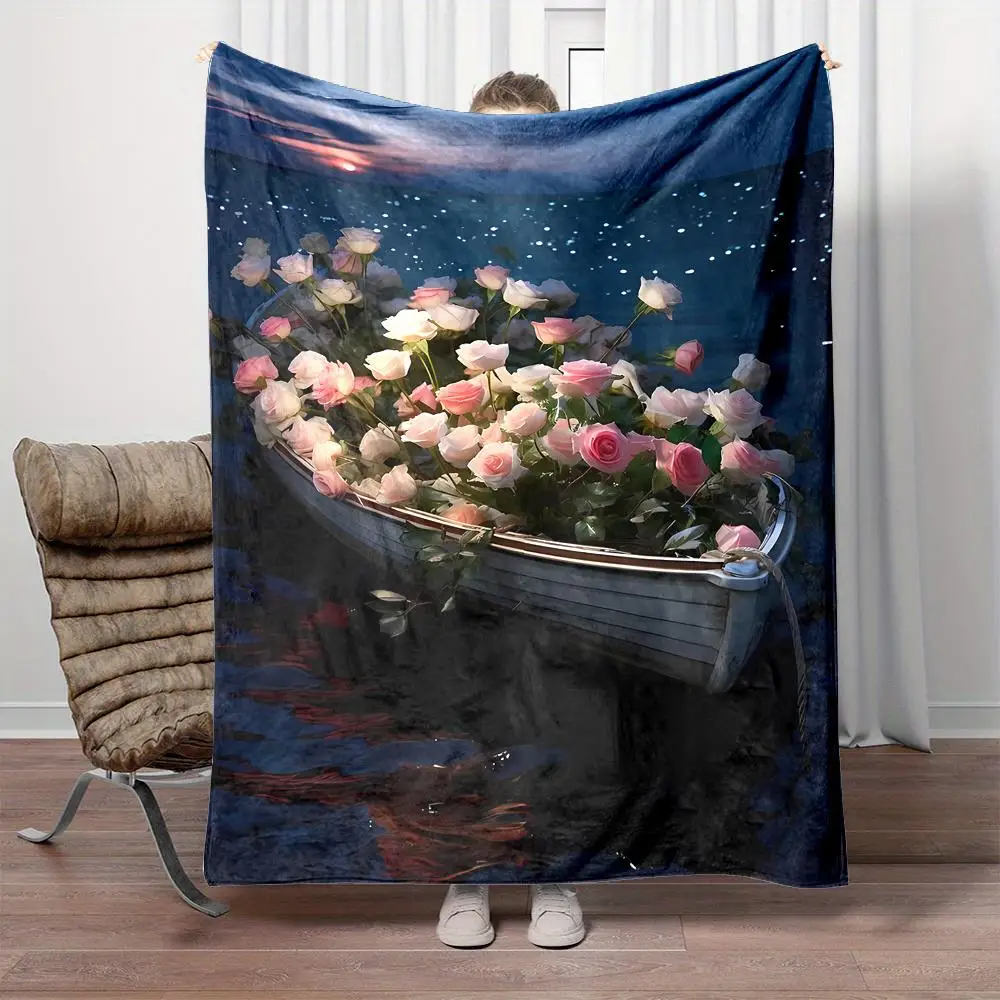 Serene Lake & Flower Boat Print Fleece Throw Blanket - Cozy All-Season, Soft & Warm for Home, Office Nap, Travel - Ideal Gift
