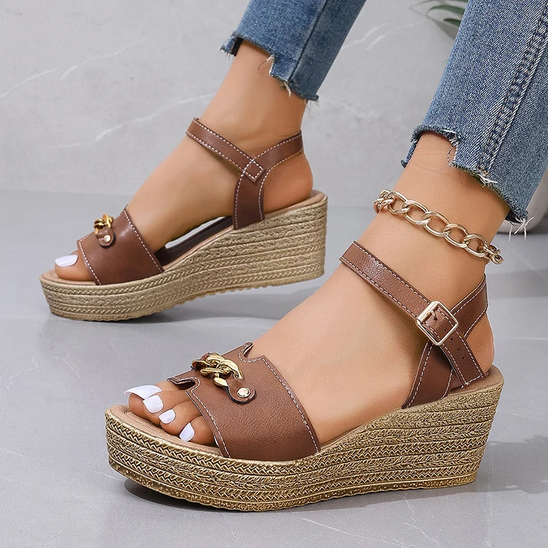 Fashion Metal Buckle Chunky Wedge Sandals Women Summer Ankle Strap Platform Sandles Woman Casual Thick Sole Gladiator Shoes 41