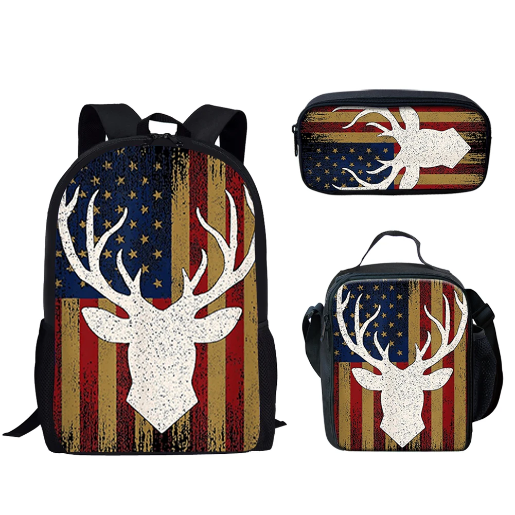 

Camo Hunting Deer American Design 3 Pcs School Bags for Teen Boys Girls School Bag Casual School Bag Lunch Bag Pencil Case