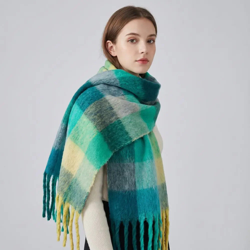 Classic Mohair Plaid Wool Scarf Long Rainbow Tassel Shawl Thick Imitation Cashmere Women Cape Autumn Winter