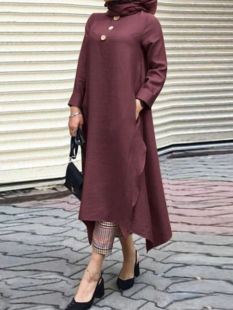 Vintage Muslim Women\'s Irregular Long Top Dress 2020 Autumn Abaya Midi Dress Long Sleeve Vestidos Female Solid Button Robe 5XL