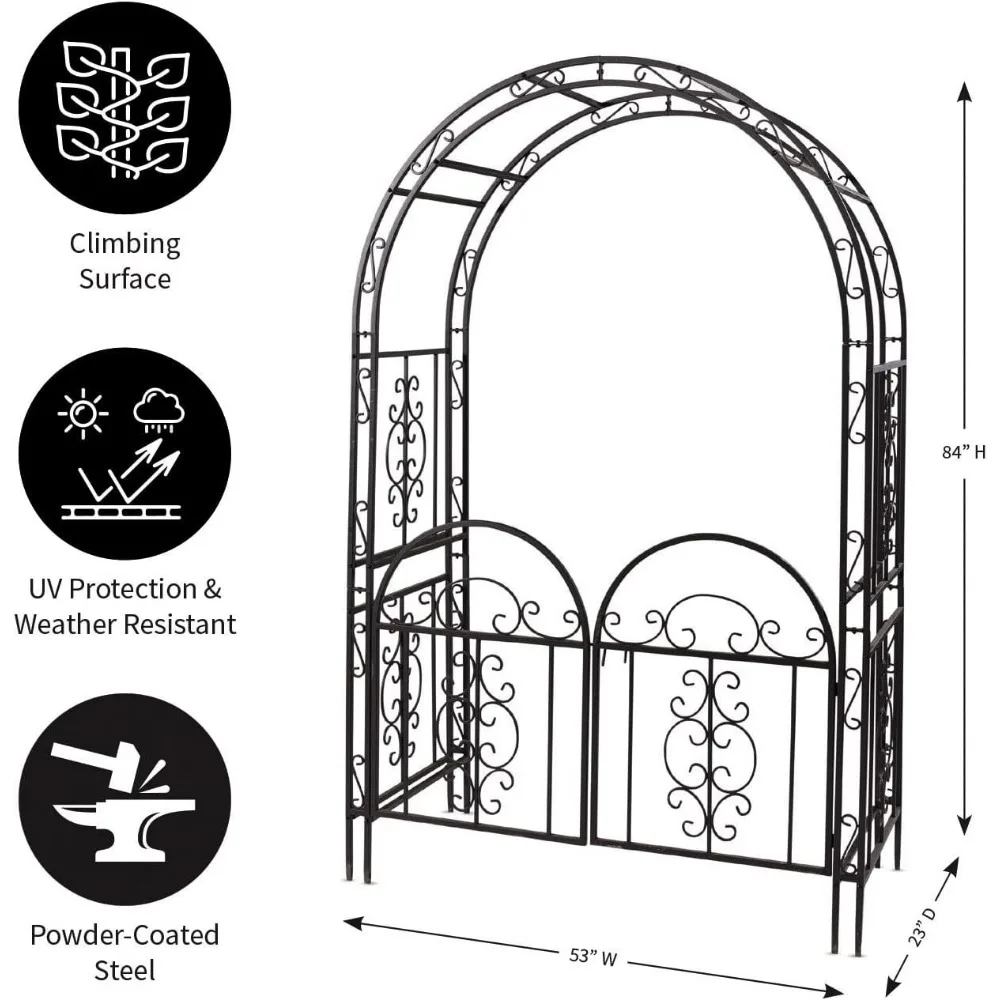 Arch Metal Outdoor Garden Arbor Double Gate |Gunmetal Black | Trellis Lattice Climbing Plants，plant Stand