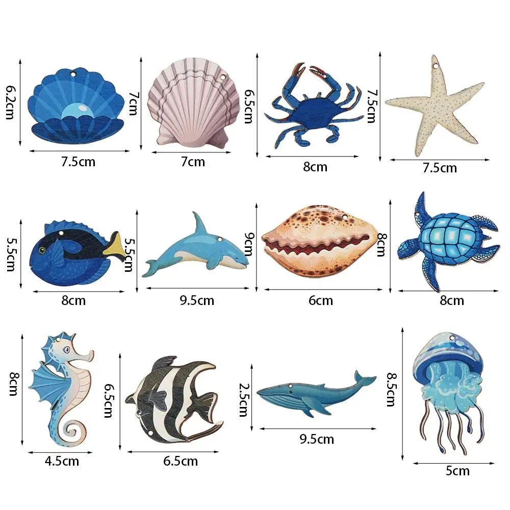 

24pcs Wooden Ocean Animal Hanging Ornament Turtle Seahorse Ocean Theme Ocean Themed Pendant Starfish Seashell DIY Sea Life Decor