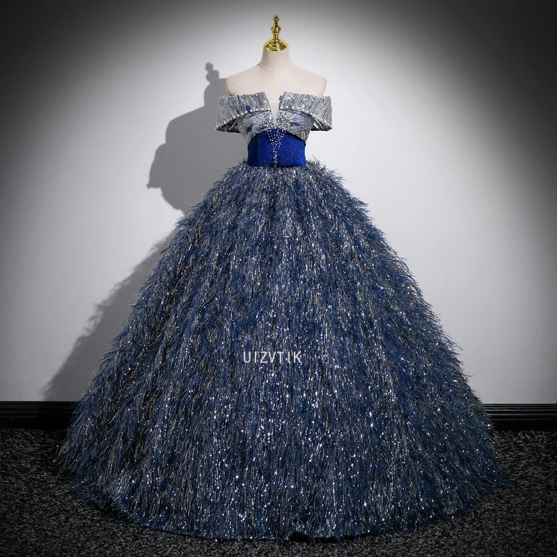 

Blue Off-Shoulder Party Evening Dress Women Tassels Pearl Floor Length Prom Gowns Customized A-Line Special Occasion Dresses
