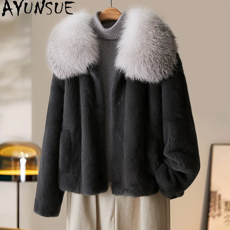 AYUNSUE معاطف فرو المنك الطبيعي للمرأة معطف الخريف الشتاء امرأة الثعلب الفراء طوق ملابس عصرية غير رسمية للمرأة شوبانا Жenskয়া