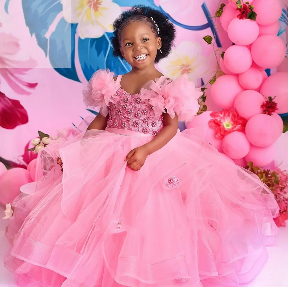 Puffy Pink Flower Girl Dress Tulle Beading Baby Girl Party Gown Fairy Kids Dance Dress First Birthday Dress Size 12M 24M 36M