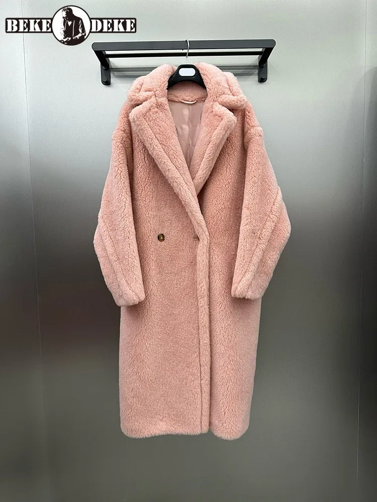 Fashion Women 44% Alpaca 44% Wool 12% Silk Coat New Winter Thicken Overcoat Loose Fit Elegant Casual Real Wool Long Outerwear