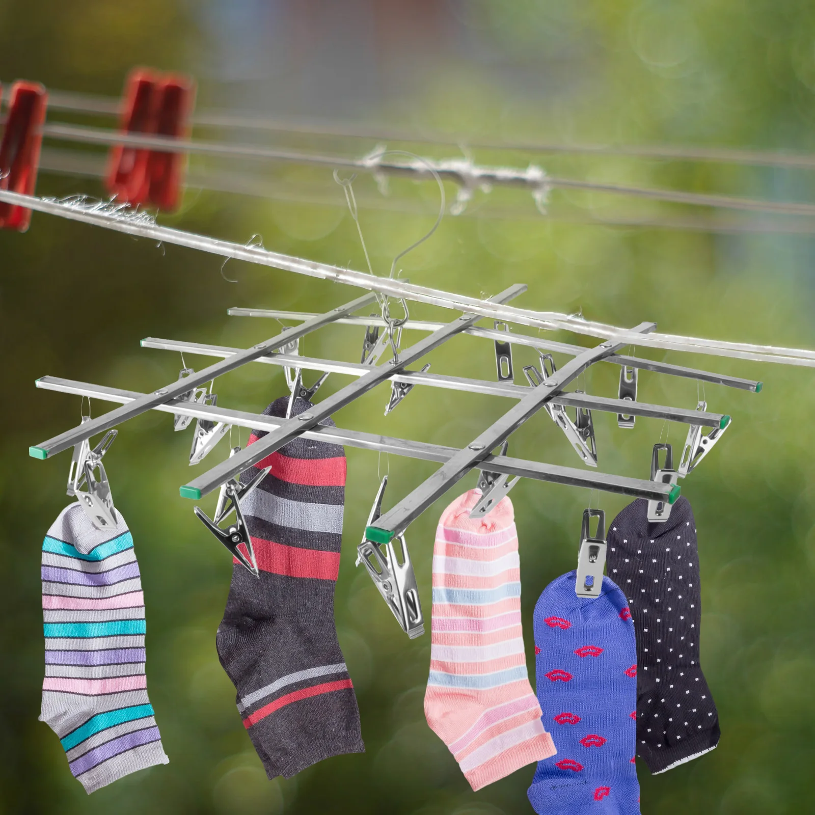 

1pc Stainless Steel Foldable Drying Rack Windproof Clothes Hanger With 20 Clips For Socks Scarves Underwear Space Saving Heavy