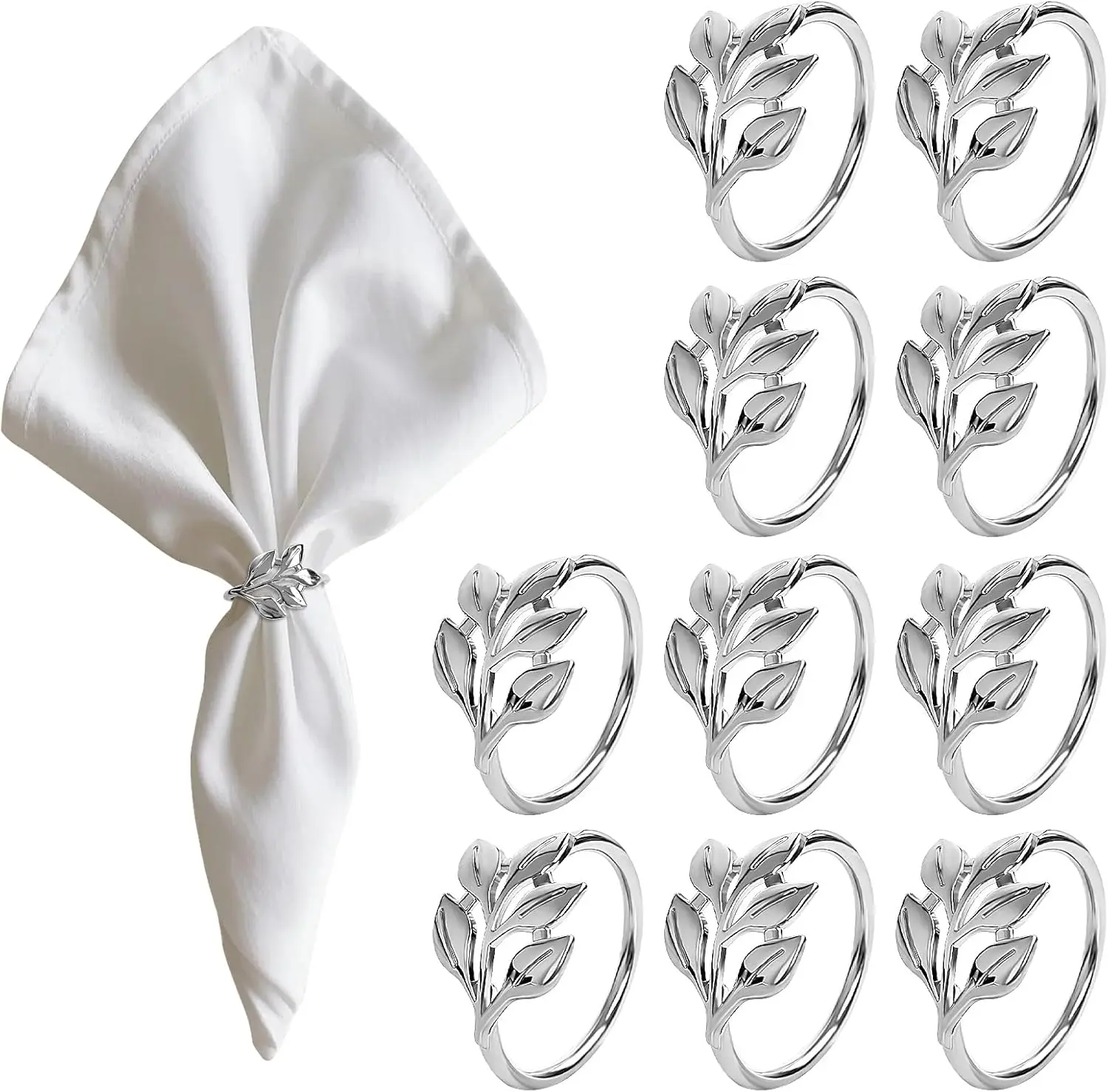 

10pcsSilvery Napkin Rings, Leaf Shaped Stainless Steel Napkin Rings for Fall Thanksgiving, Christmas, Easter, Dinner Table Decor