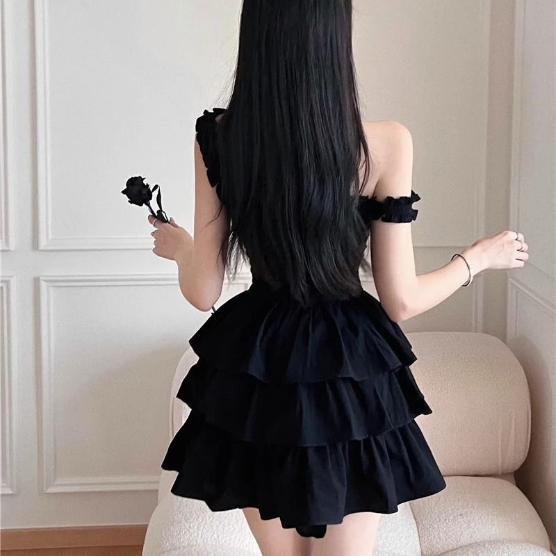 Black Sexy Mini Dress Women A-line High Waist Slim Hot Girls Bodycone Sweet Summer Slash Neck Temper Vestidos Clothing Vintage