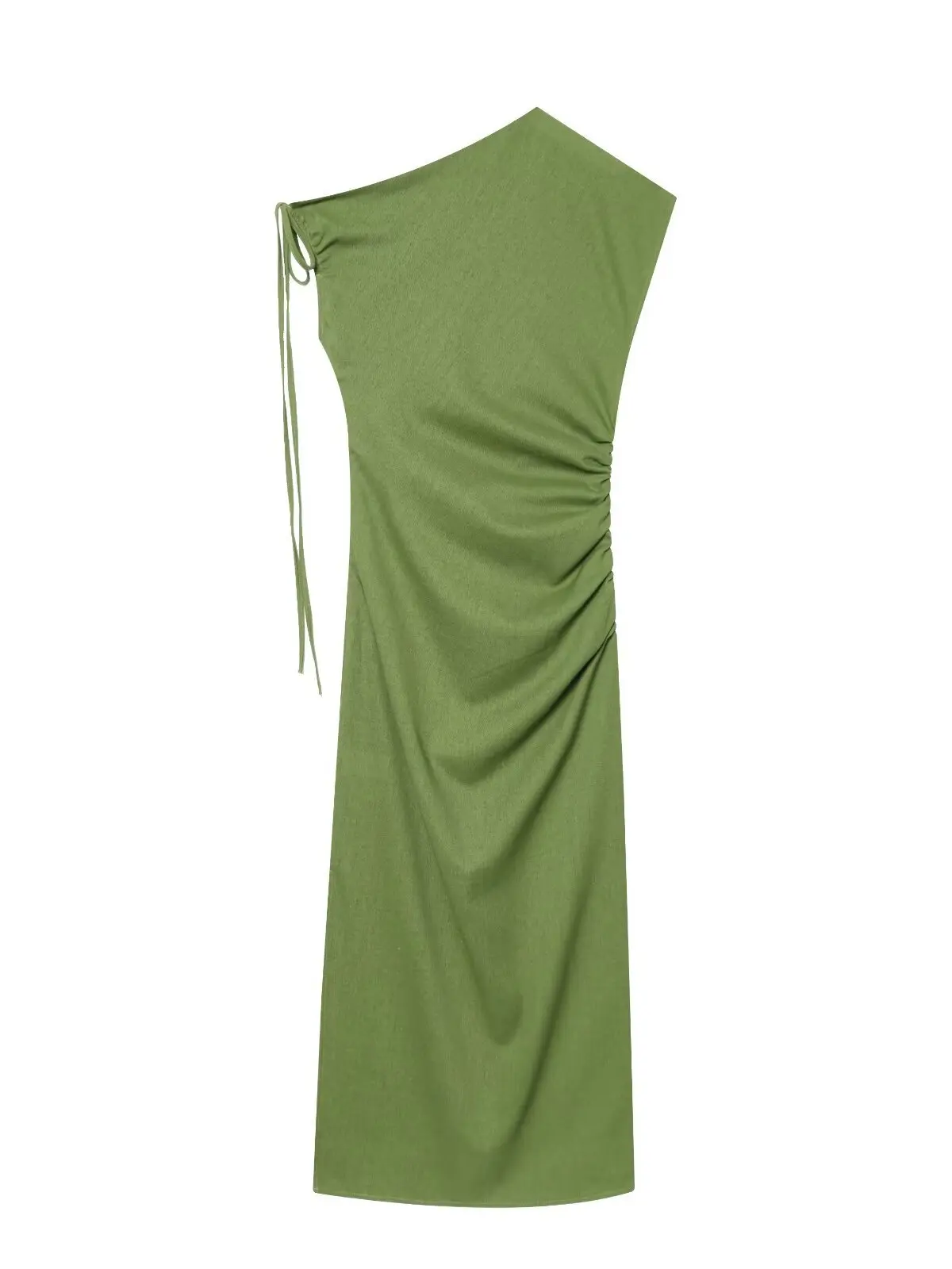 Green Slim Fit Asymmetrical Shoulder Split High Waist Pleated Women's Dress Fashionable Casual Travel Date Wear Polyester Fiber