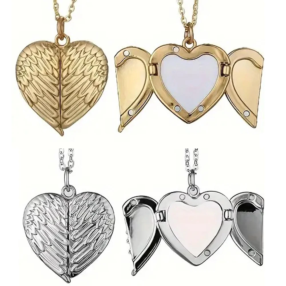 10pcs Alloy Picture Frame Heart Open Wing Necklace Sublimation Love Souvenir Gifts for Mom Girl Women Daily Use
