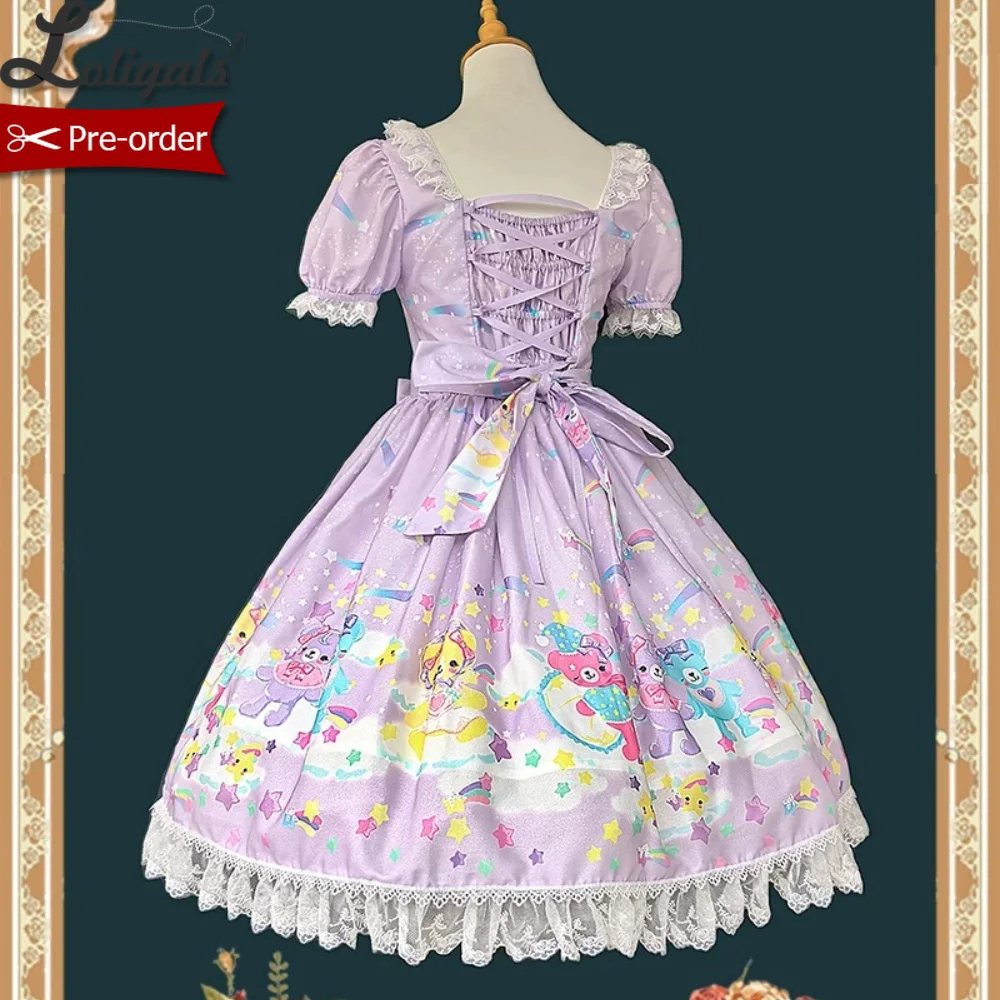 Pre-order Sweet Lolita Dress Retro Printed Chiffon Short Sleeve Midi Party Dress ~ Sleeping Bear by Infanta view 4
