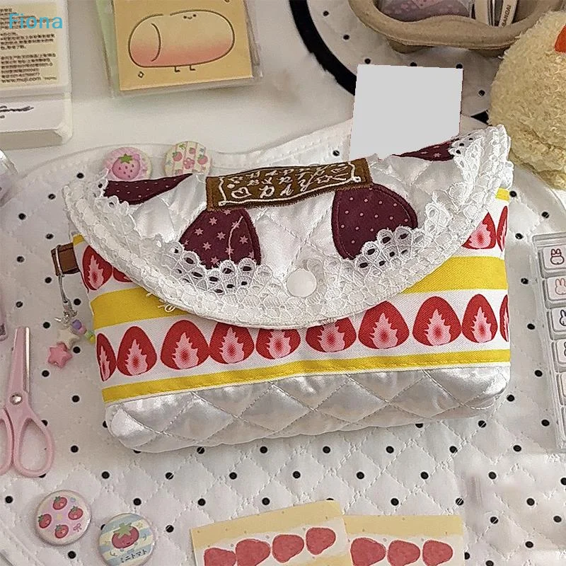☭Cute Strawberry Print Cosmetic Bag,Happy Birthday Embroidered Makeup Pouch,Lace Trim Storage Organizer for Girls,Women