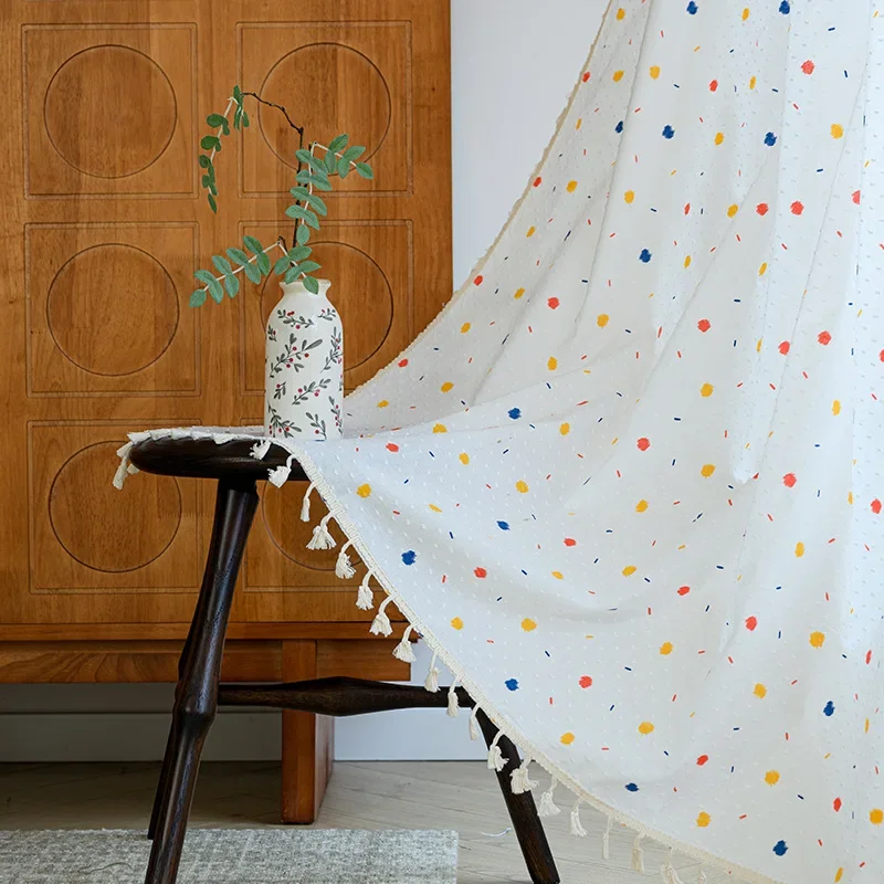 Japanese Pure Cotton Curtains with Tassels Pastoral Floral Partition Curtain for Bedroom Soft Semi-Transparent Rod Cloth Curtain