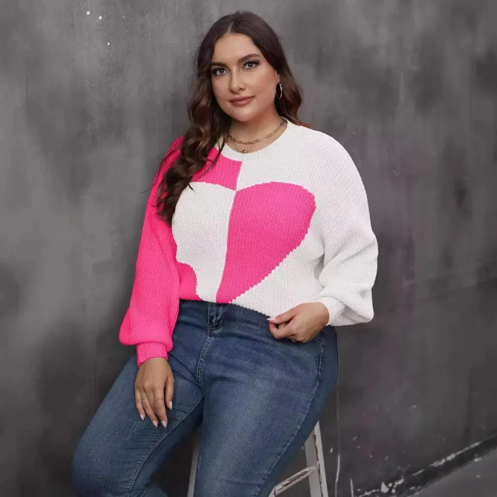 plus Size Women's Autumn Winter Jacket European American Style Pullover Woven Sweater Love Stitching Contrast Design