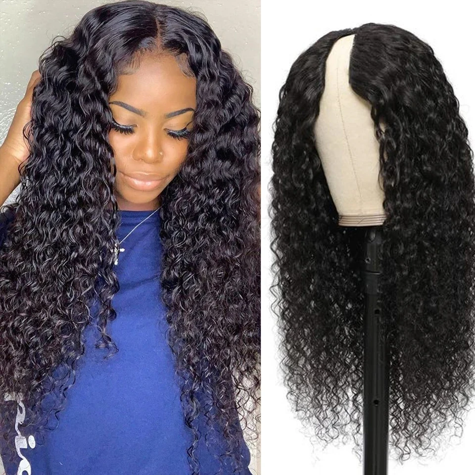 

Water Wave V Part Wig Human Hair No Leave Brazilian Deep Curly Wave V Part Human Hair Wig for Women 180% Density