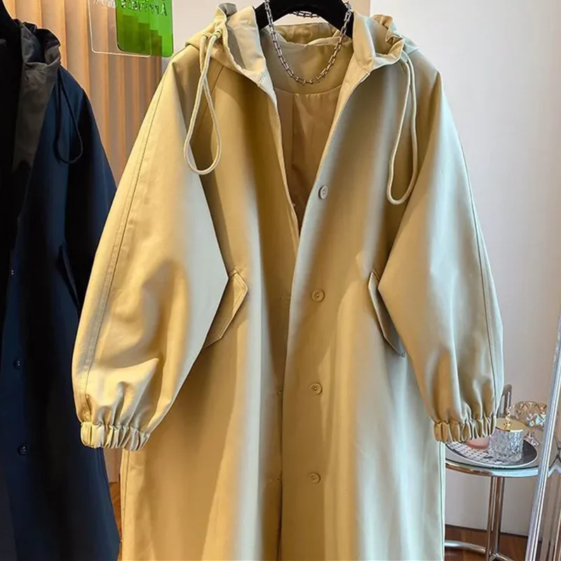 2025 Korean Vintage Long Trench Coat Casual Windbreak Jacket Women Hood Drawstring Jackets Oversized Windbreaker Outwear Female