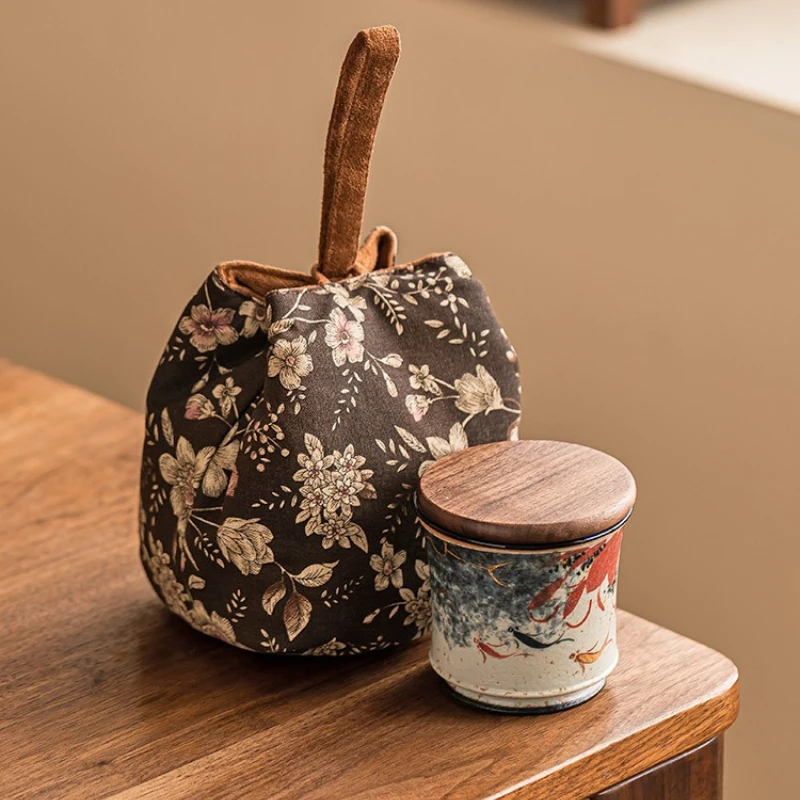 Chinese Blue White Flint Red Portable Travel Tea Set Hand Painted Gold Lotus Koi Quick Cup Kung Fu Tea Cup for One Person Gift