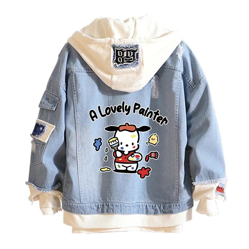 Anime Sanrio Denim Bomber Jacket Pochacco Hooded Jeans Sweatshirt Unisex Ripped Hole Cosplay Hoodie Long-Sleeved Denim Jacket