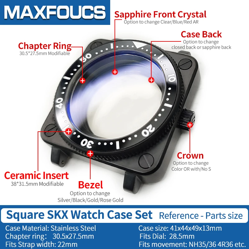 Square SKX Black Watch Case MOD NH35 NH36 4R36 Custom Stainless Steel Matte Bezel Crown Ceramic Insert Watches Cases Parts ﻿