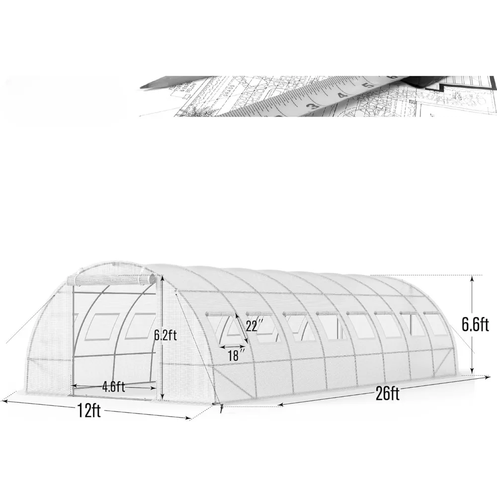 Invernadero grande de 26 'x 12' x 6,6 ', casa verde resistente exterior con marco de acero galvanizado, cubierta de PE de túnel alto