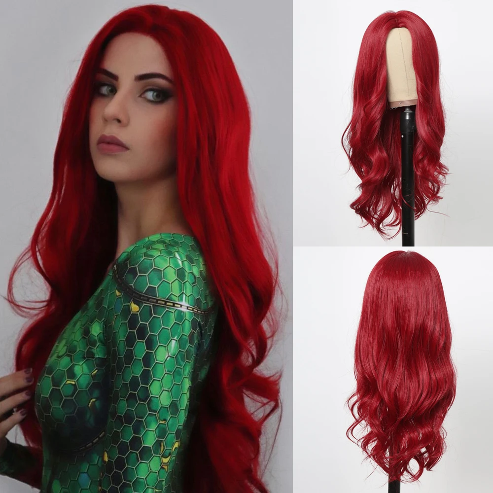 

Red synthetic wig with parted long wavy hairstyle for Halloween cosplay, daily use, high-temperature hair accessory