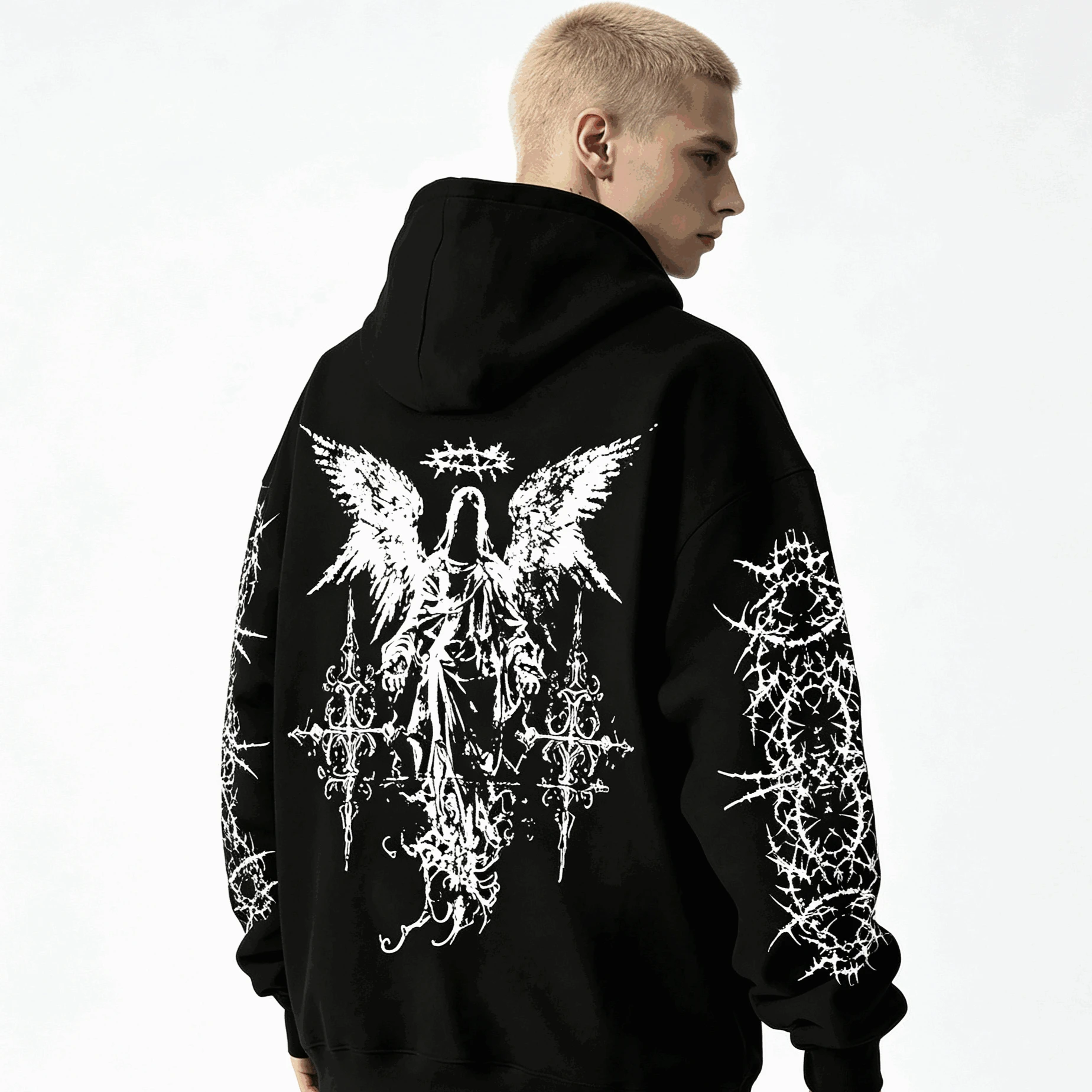 Hot Sale Angel-themed Graffiti Thorn Print Streetwear Hip-hop Punk Style Hooded Sweatshirt Unisex Vintage Trendy Harajuku Hoodie
