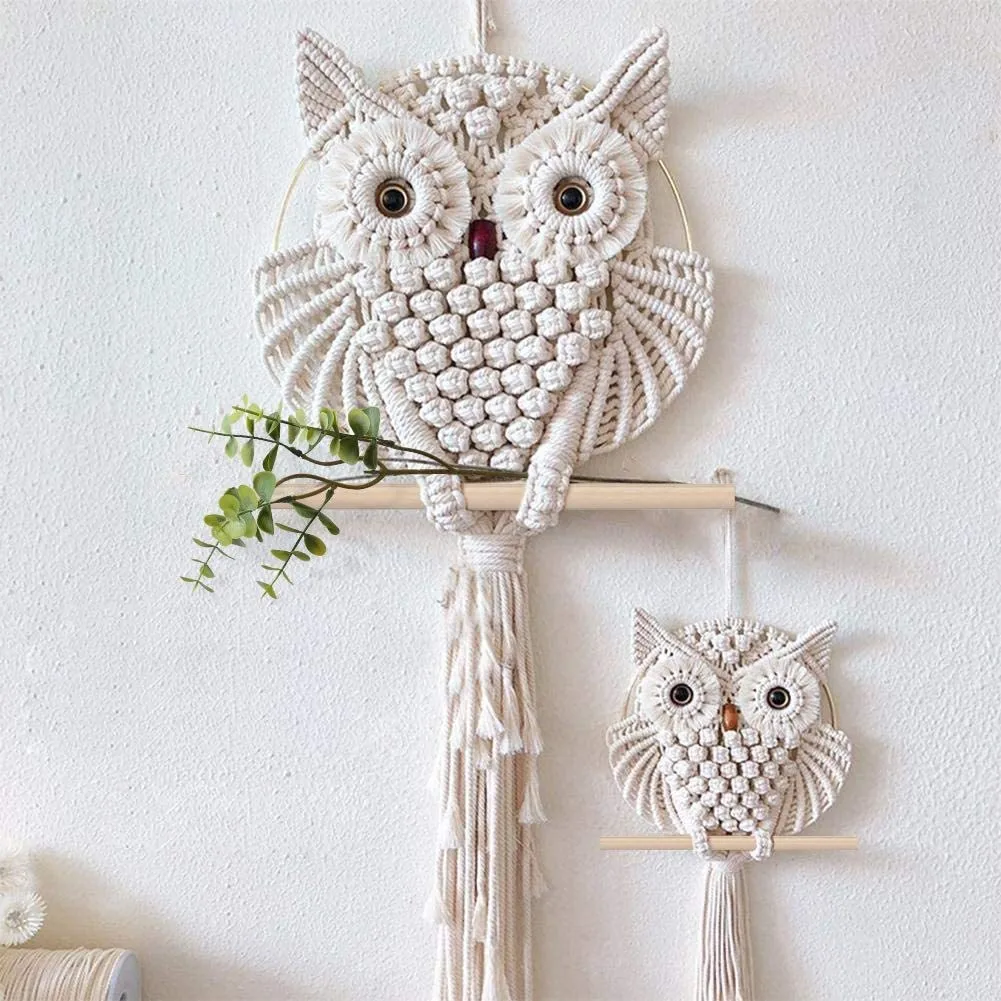 Tapiz de Pared con Colgante de Búho, Arte de Pared de Encaje Tejido a Mano, Decoración de Estilo Bohemio, Tapiz de Pared con Cesta, Decoración Boho para el Hogar