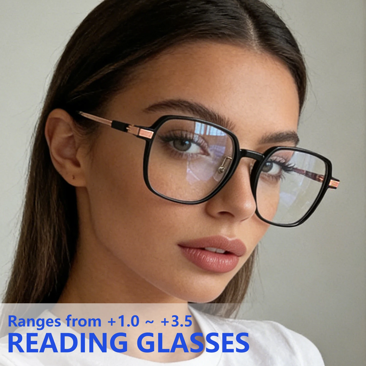 Quadratische Lesebrille für Damen, Blaulichtfilter, Trendige Leichtgewicht-Lesebrille mit Metallbügeln, Komfortable Sehhilfe