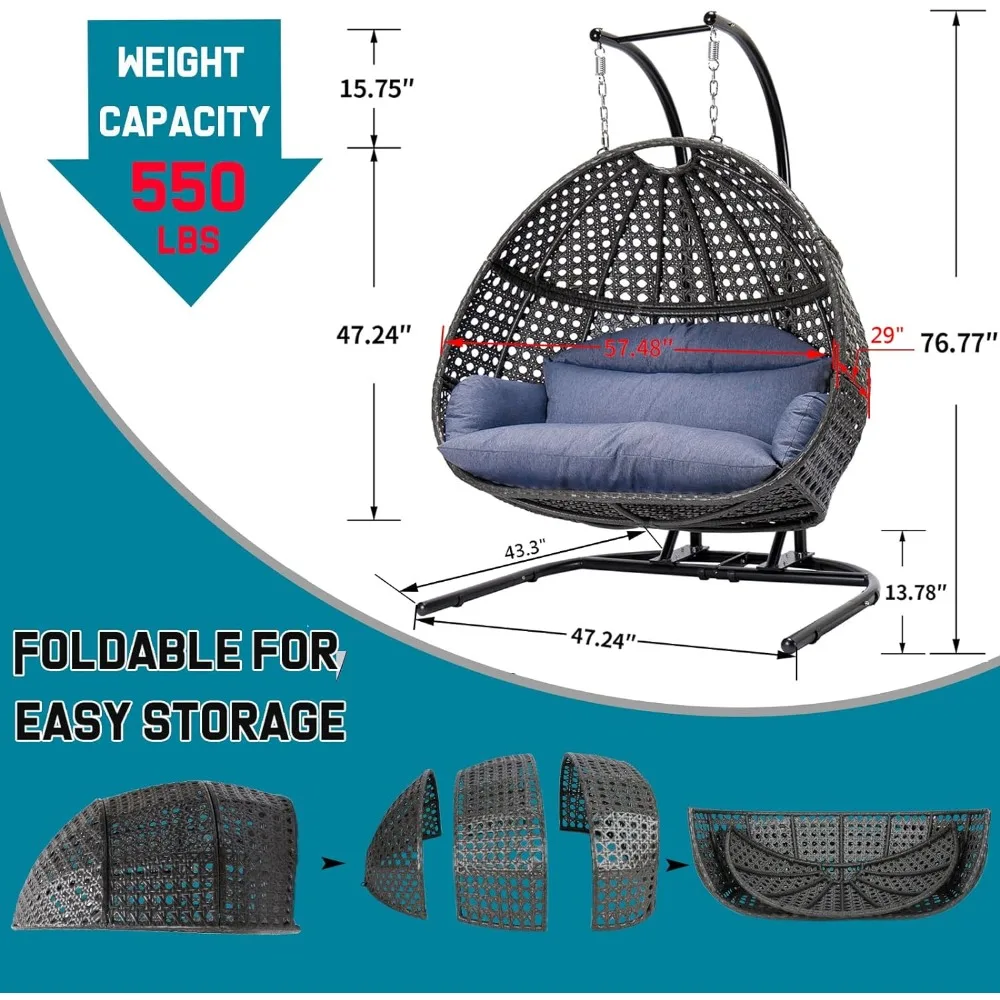 2 Person Swing Chair with Stand, X-Large Wicker Rattan Hanging Egg Chair with Cushion and Cover, Patio Swings