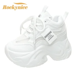 Women High Platform Sneakers New Summer 9.5CM Wedge Heels Thick Sole Leather Shoes Autumn Breathable Mesh Chunky Sneakers Woman