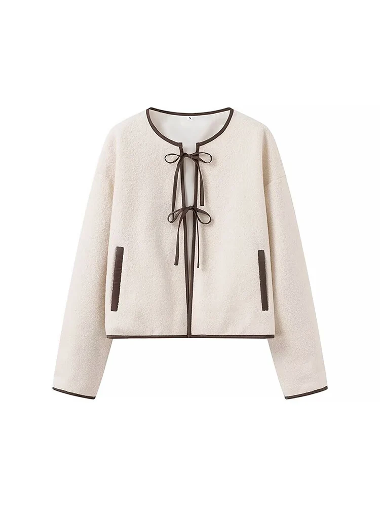 

European style new women's fashion versatile temperament solid color long sleeve round neck chest tie coat