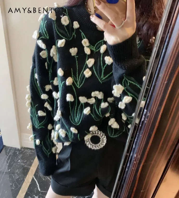 Women's Loose Outer Wear Sweater New Spring and Autumn Black Three-Dimensional Flower Heavy Industry Pullover Sweater Ladies