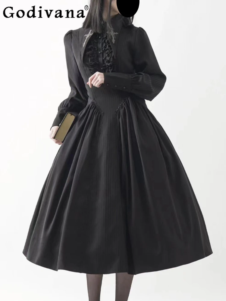 

Lolita Dark Gothic Op Elegant Turn-down Collar Cos Long Dress Temperament High Waist A-line Exquisite Lace-up Halloween Dresses