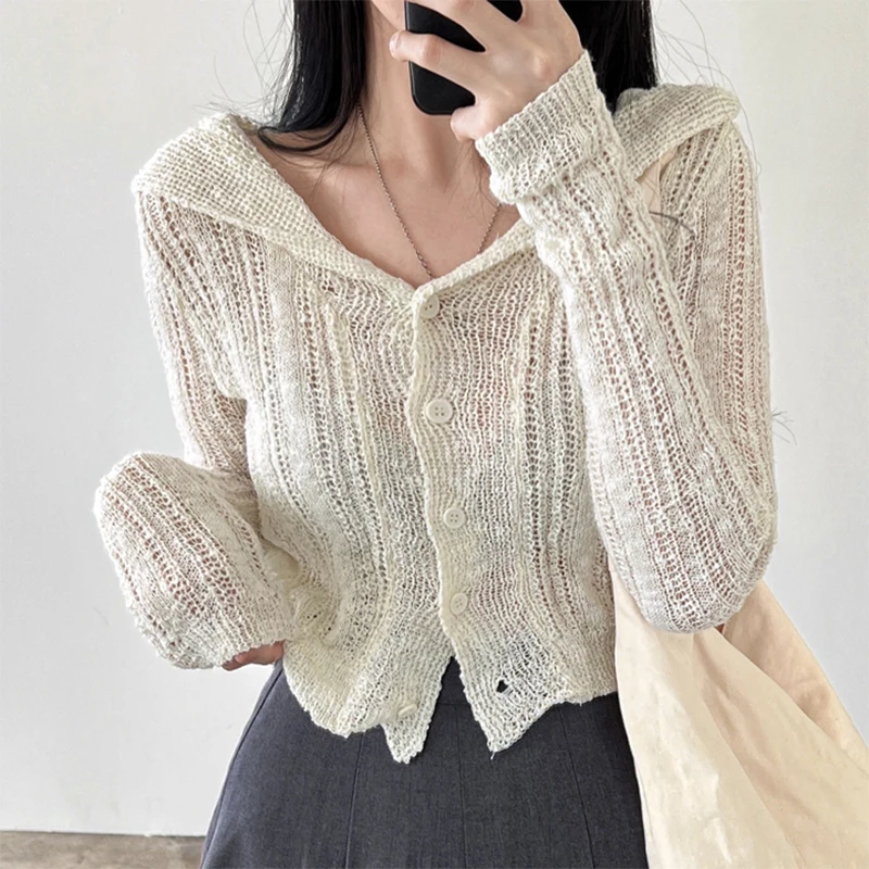 Korean Style Spring Summer Women's Thin Buttons V-neck Knitted Cropped Cardigan