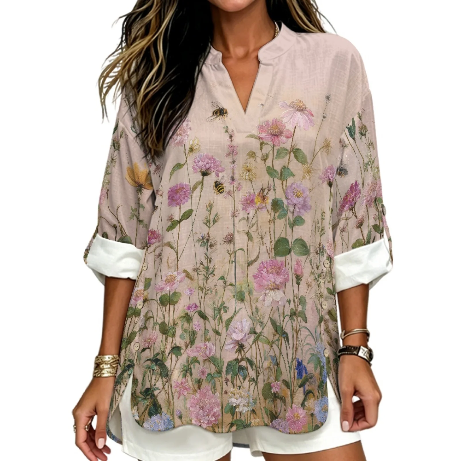 PENSTROLL Side Slit Linen Like Casual Shirts Pullover Tunic Shirts for Daily Wear Bee and Flower