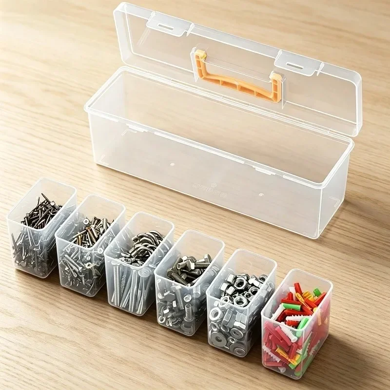 7Pcs Portable Tool Storage Box, Clear Plastic Parts Organizer with 6 Removable Bins, Heavy Duty Hardware Case for Screws Nails